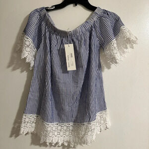 NWT Bishop & Young Small Blue and White Striped Off the Shoulder Top